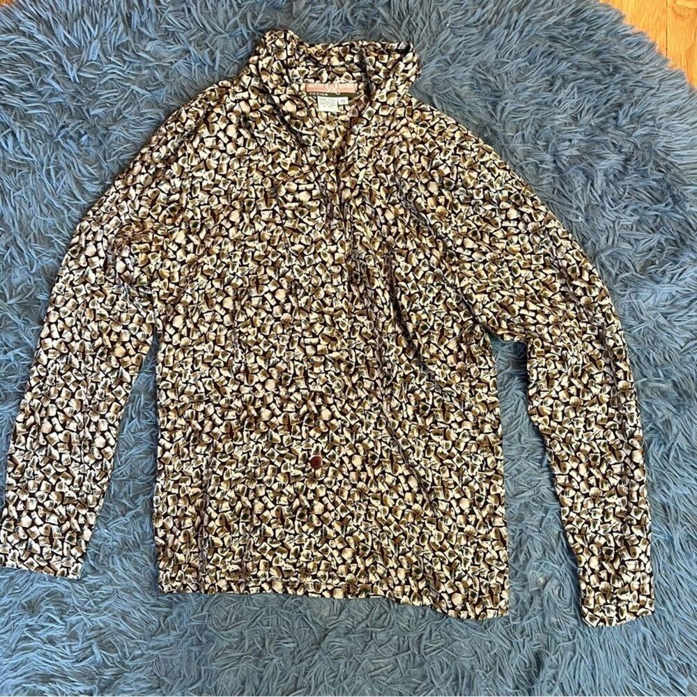 Vintage Avery Quinn Brown Y2K 90s Tan Long Sleeve Silk Blouse Size 10
